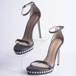 Stuart Weitzman Black Nudistdisco Faux Pearl-Embellished Glitter Sandals US 8.5